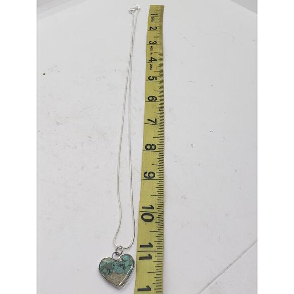 Heart Shaped Pendant Necklace Silver with Turquoise Chip & Beach Sand Inlay - Picture 7 of 14